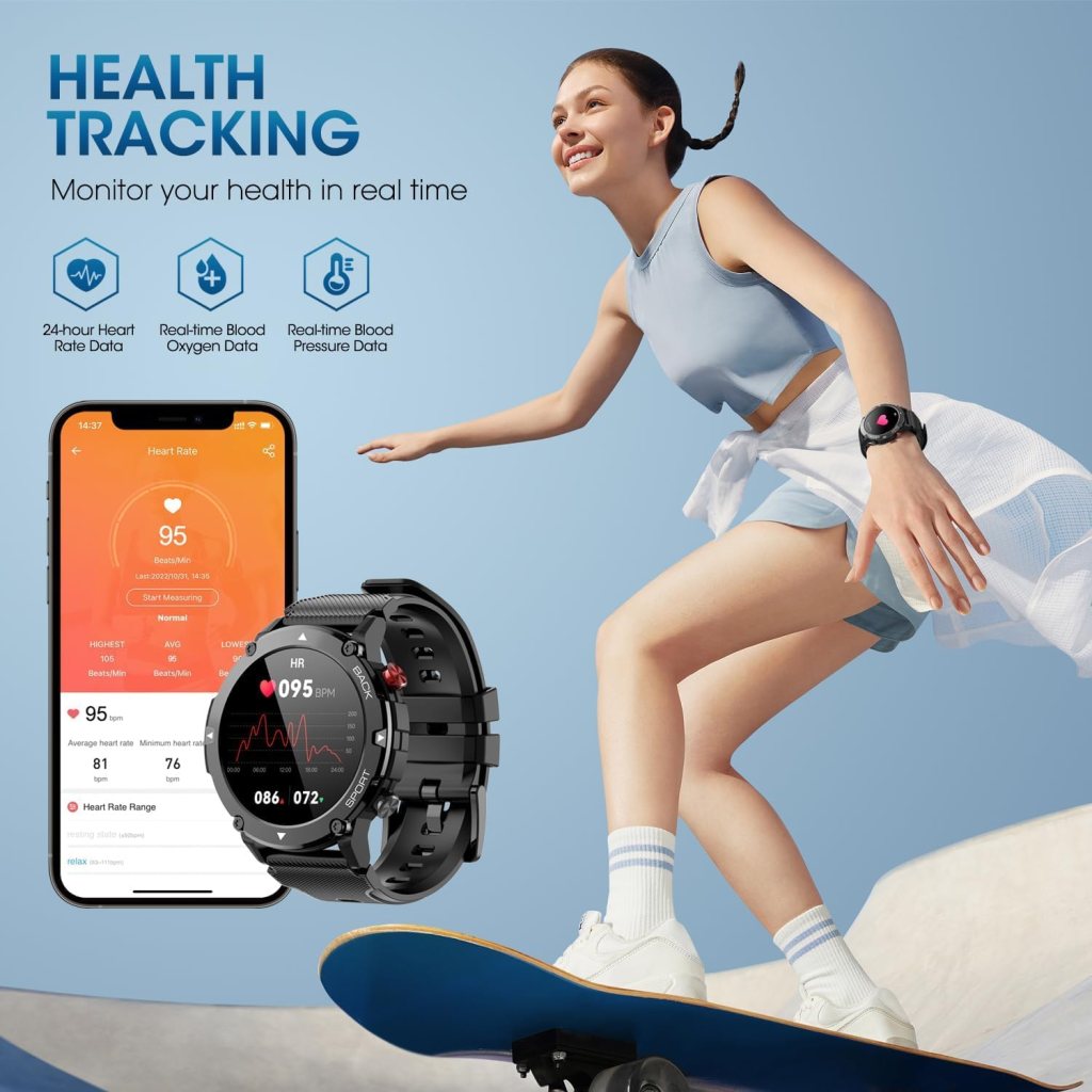 Military Smart Watches for Men, Bluetooth Call (Answer/Make Call) 5ATM Waterproof Mens Smart Watch 1.43 Tactical Tracker Fitness Watch for Android iOS Outdoor Sports Smartwatch(Black)