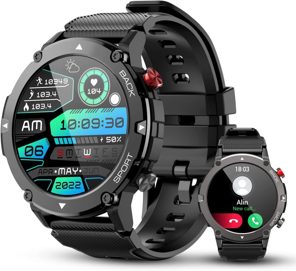 Military Smart Watches for Men, Bluetooth Call (Answer/Make Call) 5ATM Waterproof Mens Smart Watch 1.43 Tactical Tracker Fitness Watch for Android iOS Outdoor Sports Smartwatch(Black)