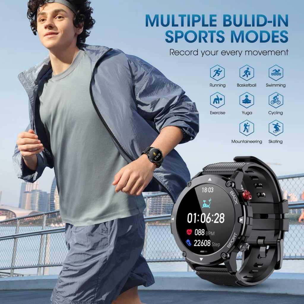 Military Smart Watches for Men, Bluetooth Call (Answer/Make Call) 5ATM Waterproof Mens Smart Watch 1.43 Tactical Tracker Fitness Watch for Android iOS Outdoor Sports Smartwatch(Black)