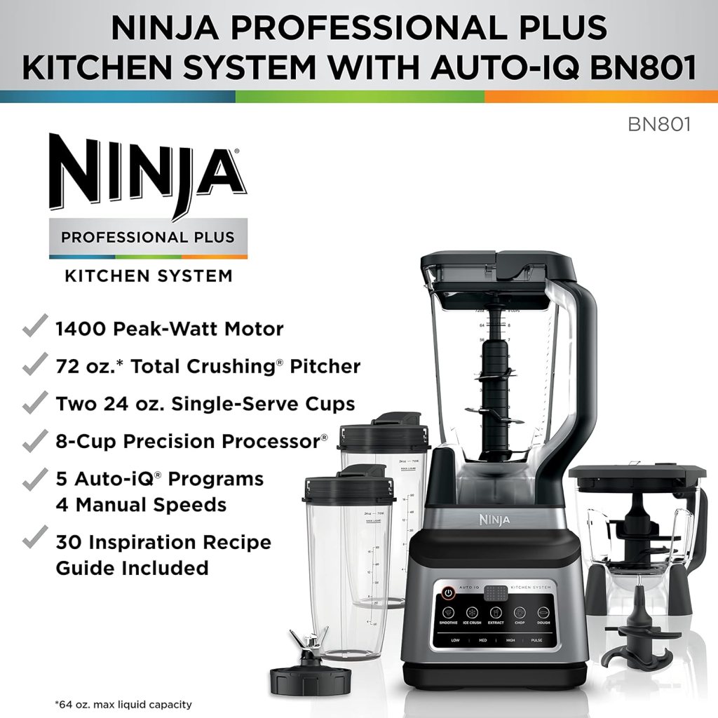 Ninja BN801 Professional Plus Kitchen System, 1400 WP, 5 Functions for Smoothies, Chopping, Dough  More with Auto IQ, 72-oz.* Blender Pitcher, 64-oz. Processor Bowl, (2) 24-oz. To-Go Cups, Grey