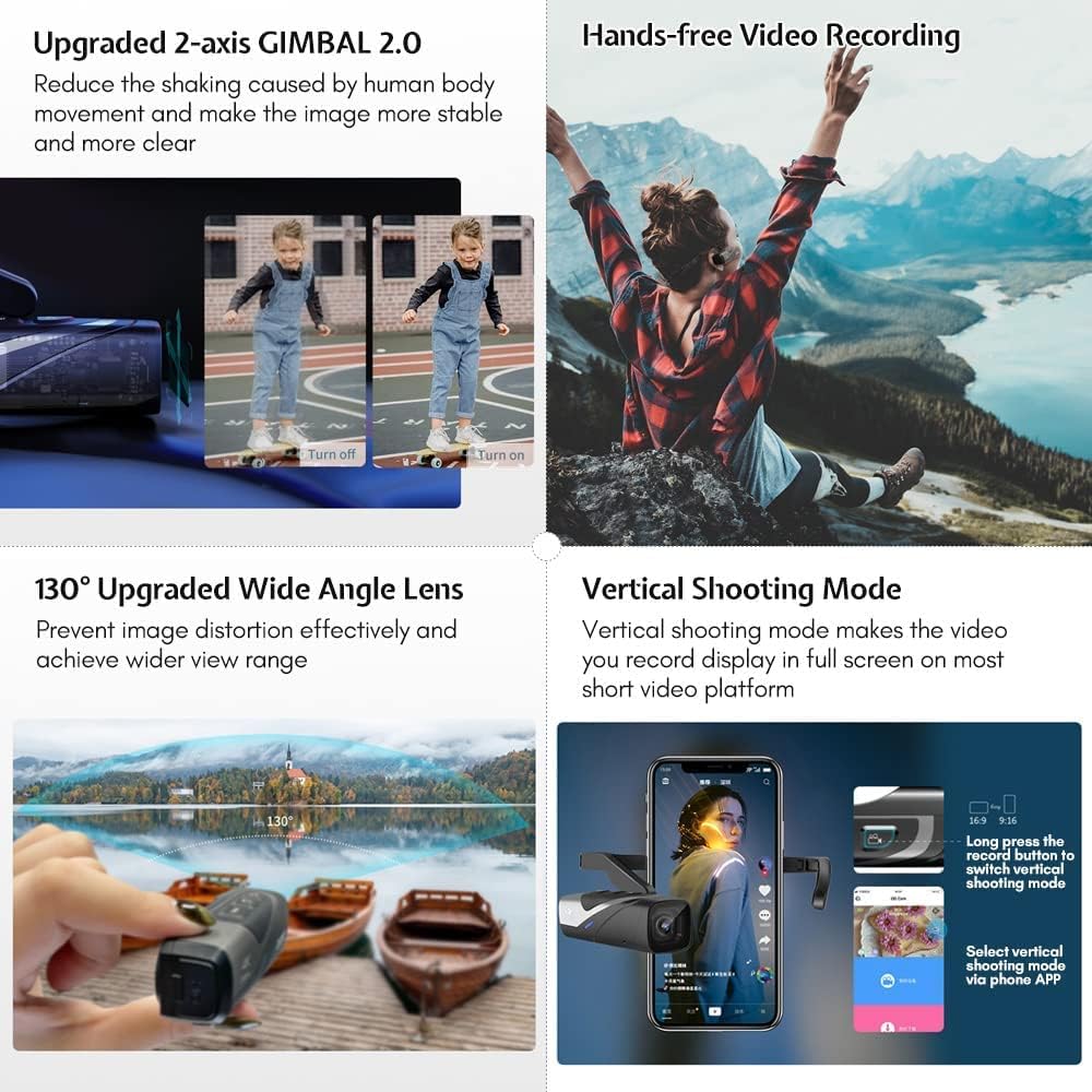 ORDRO EP8 4K Camcorder 60FPS Vlog Hands Free Wearable Camera, Head-Mounted Video Camera for Vlog, Auto Focus, Wi-Fi APP Control, 2-Axis Gimbal Stabilizer with Fast Charger  Remote Control