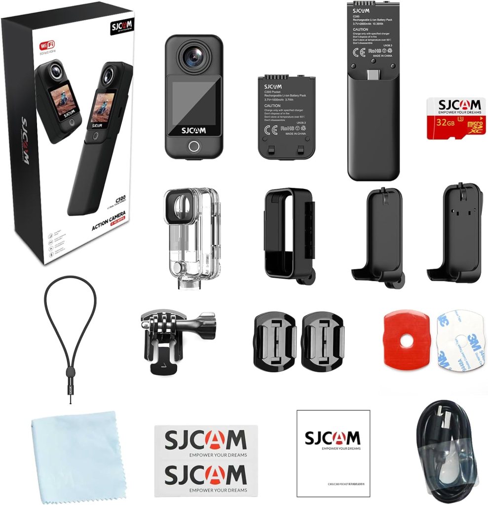 SJCAM C300 4K30FPS 20MP Wearable Body Action Camera with EIS 2.0 Mini Touch Screen Camera 98ft Waterproof Camera Underwater Noise Reduction 8X Zoom 1000+2800mAh 7h Battery Life 32G SD CardKits