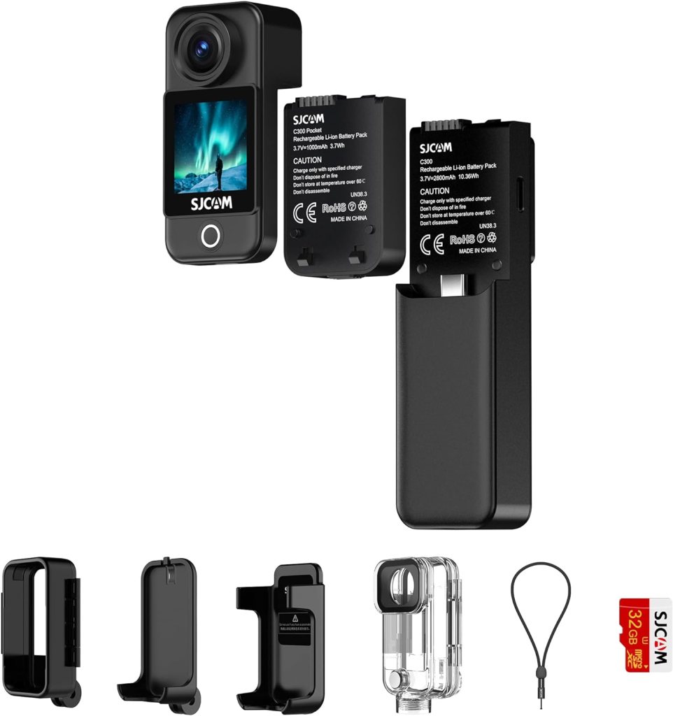 SJCAM C300 4K30FPS 20MP Wearable Body Action Camera with EIS 2.0 Mini Touch Screen Camera 98ft Waterproof Camera Underwater Noise Reduction 8X Zoom 1000+2800mAh 7h Battery Life 32G SD CardKits