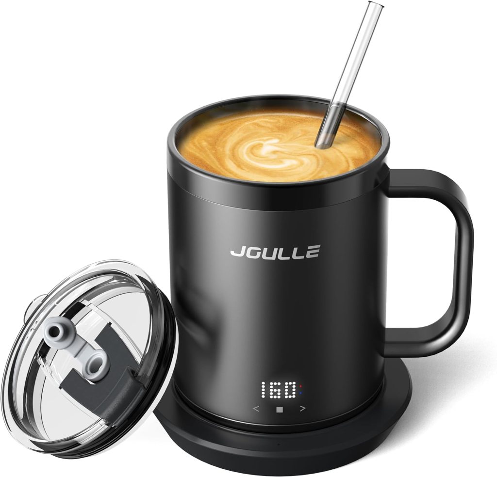 Temperature Control  Self-Heating Smart Mug, Touch  App Control, 14oz Coffee Warmer with lid, 120 Minute Battery Life, with Glass Straw and LED Display (AppTouch Control)