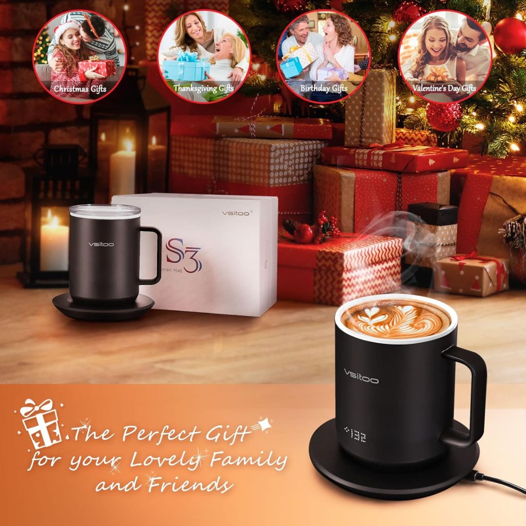 vsitoo S3 Temperature Control Smart Mug 2 with Lid, Self Heating Coffee Mug 10 oz, LED Display, 90 Min Battery Life - AppManual Controlled Heated Coffee Mug - Improved Design, Coffee Gifts, Black