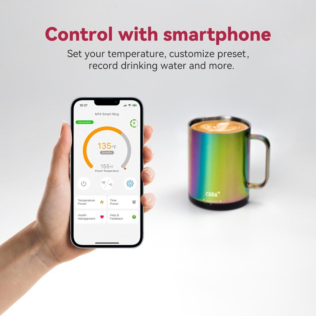 CERA+ Temperature Controlled Smart Mug 2, Self-Heating Coffee Mug with Lid, 90 Minutes Battery Life, APP or Manual Control, Gift-Packing(Gold - 14 oz)