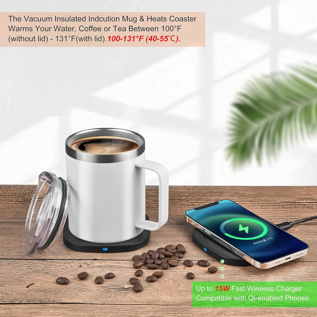 Coffee Mug Warmer Set, 12 Oz Stainless Steel Coffee Cup with Double Vacuum Insulation, 15W Induction Wireless Charging Pad, Home, Office Warms Coffee, Tea, Cocoa, and Milk(Up to 131℉/55℃)