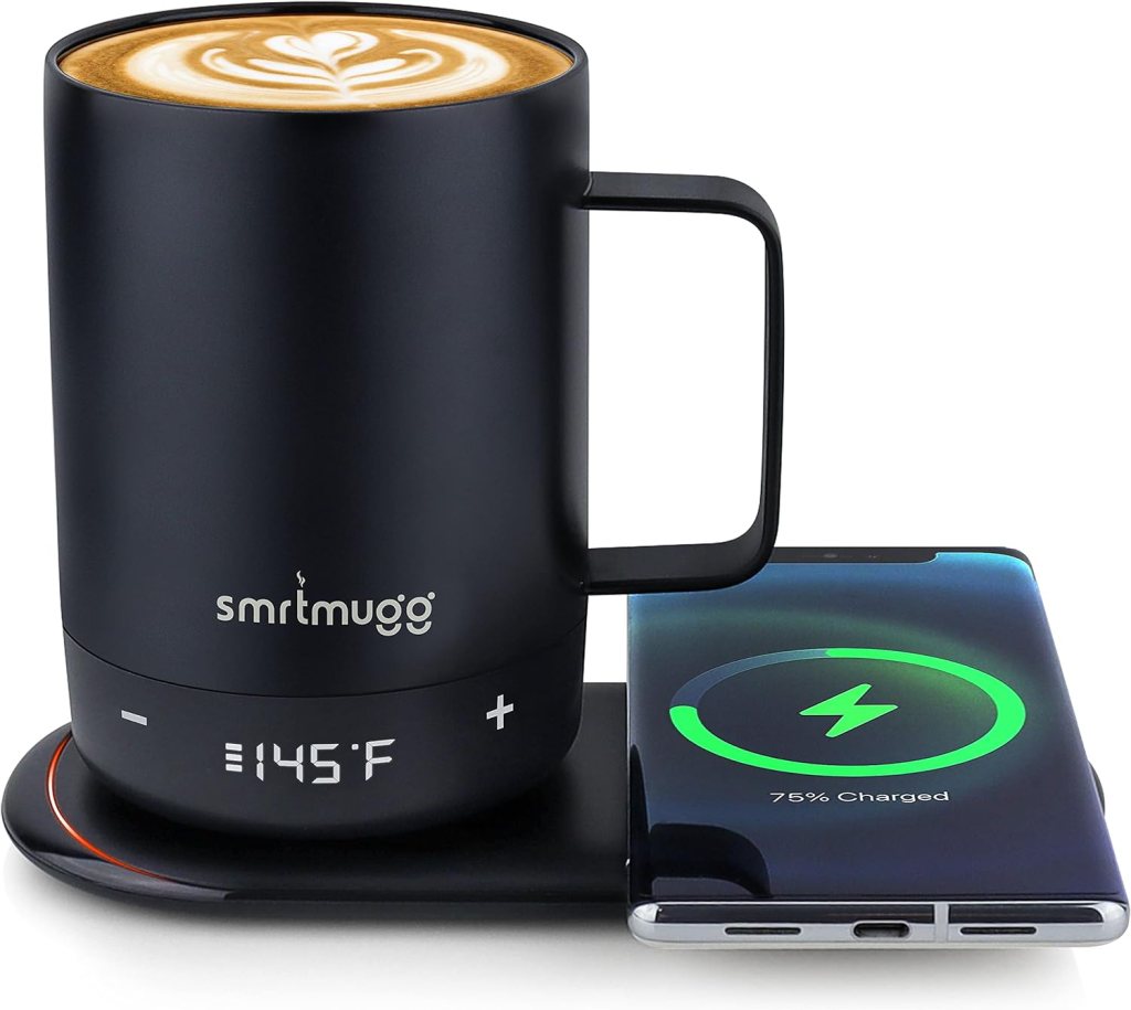 Create Heated Coffee Mug, Large 14 OZ, 5 Hour Battery Life, Precision Temperature Adjustment, Battery Powered Heated Coffee Mug Warmer, w/Dual Wireless Charging Pad Phone Charger (Black)