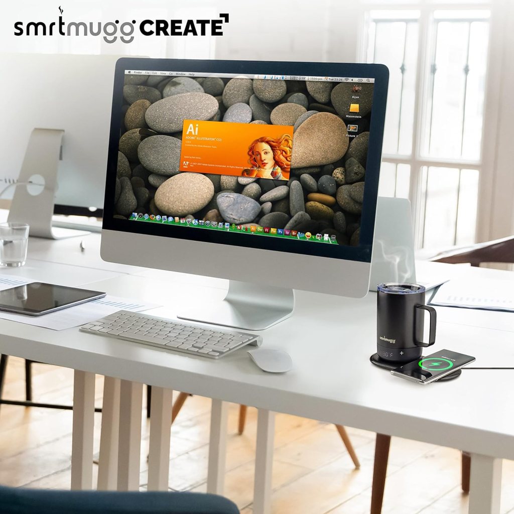 Create Heated Coffee Mug, Large 14 OZ, 5 Hour Battery Life, Precision Temperature Adjustment, Battery Powered Heated Coffee Mug Warmer, w/Dual Wireless Charging Pad Phone Charger (Black)