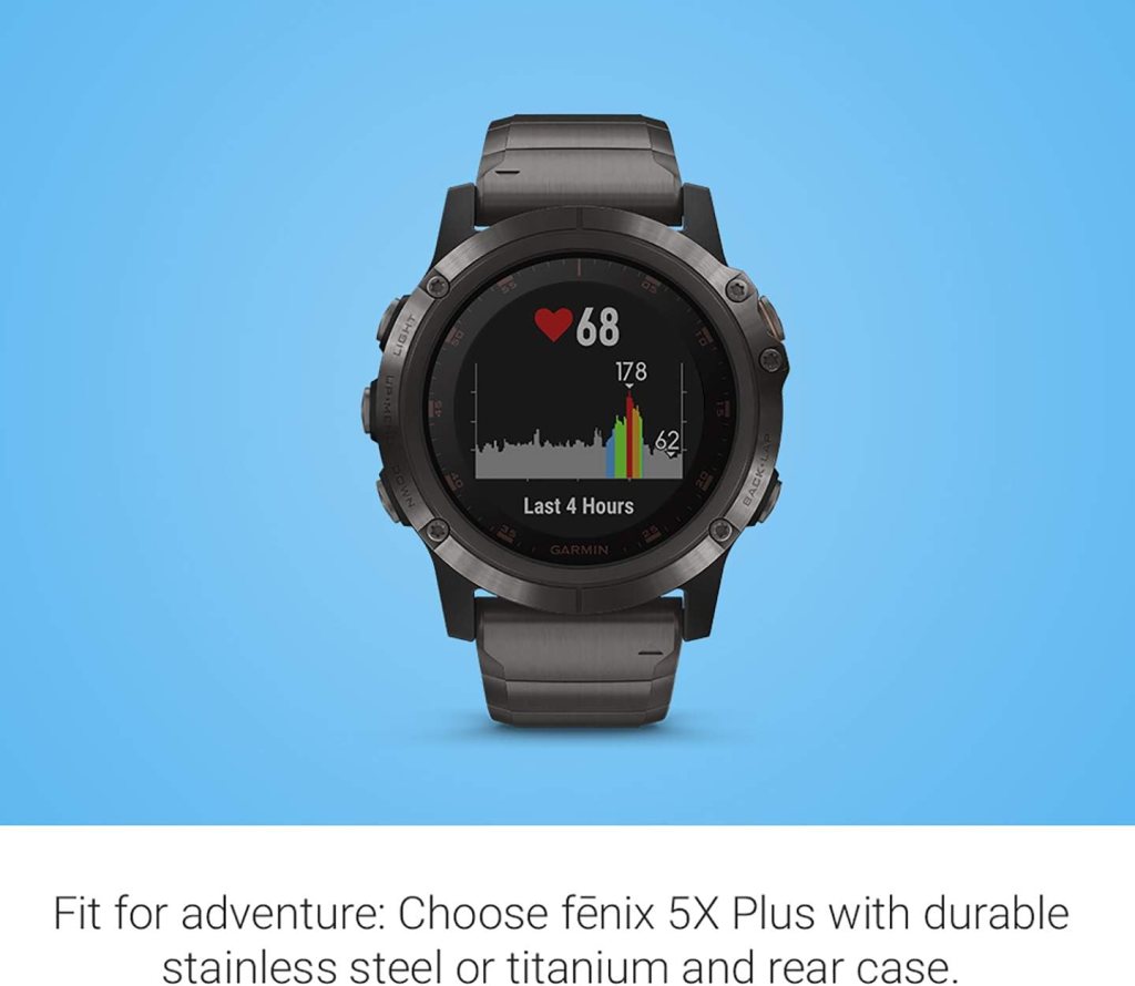 Garmin fenix 5X Plus, Ultimate Multisport GPS Smartwatch, Features Color Topo Maps and Pulse Ox, Heart Rate Monitoring, Music and Contactless Payment, Gray with Titanium Band
