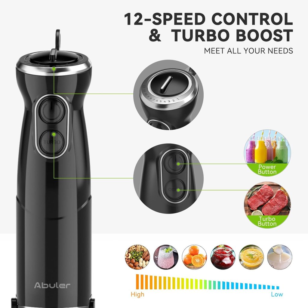 Immersion Blender Handheld, 800W Scratch Resistant Hand Blender, Abuler 5 in 1 Emulsifier Blender Mixer, BPA-Free 12 Speed Stick Blender, Beaker, Chopper, Whisk, Frother, for Soup, Sauce (Black) Immersion Blender Handheld, 800W Scratch Resistant Hand Blender, Abuler 5 in 1 Emulsifier Blender Mixer, BPA-Free 12 Speed Stick Blender, Beaker, Chopper, Whisk, Frother, for Soup, Sauce (Black)
