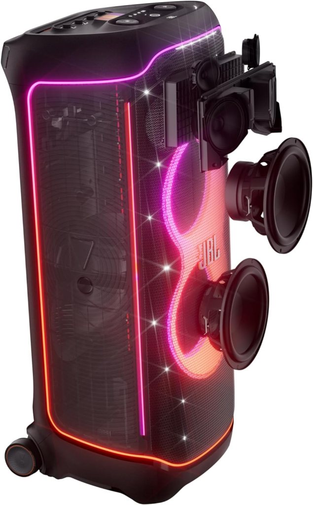 JBL Partybox Ultimate - Multi Purpose Party Speaker, with Wi-fi  Bluetooth Connectivity, Wireless, Lightshow, IPx4 Slashproof, Dual Mic  Guitar Inputs, Handle  Sturdy Wheels, Black