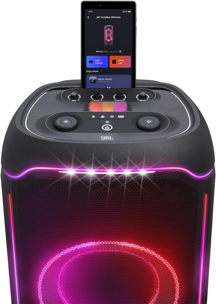 JBL Partybox Ultimate - Multi Purpose Party Speaker, with Wi-fi  Bluetooth Connectivity, Wireless, Lightshow, IPx4 Slashproof, Dual Mic  Guitar Inputs, Handle  Sturdy Wheels, Black