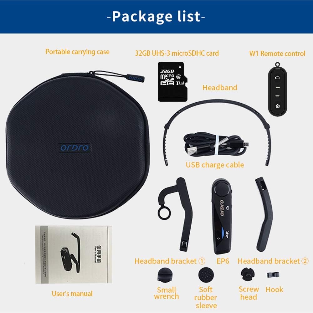 ORDRO Camcorder 4K Head Mounted Camera EP6 Wearable Video Camera FHD 1080P 60FPS Vlog Camera Recorder WiFi Hands-Off Camera Webcam (32GB MicroSDHC U1 Memory Card Included)