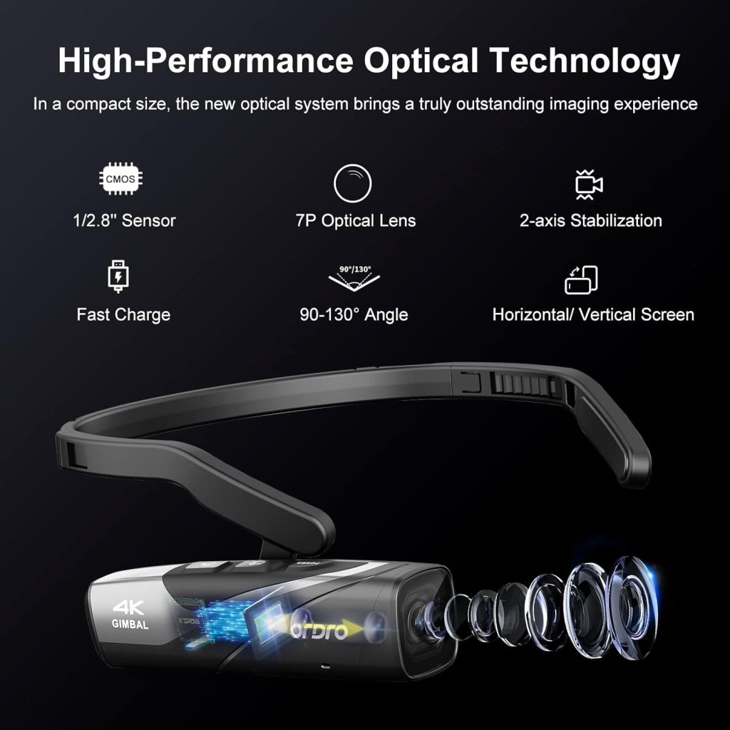 ORDRO EP8 4K Video Camera Hands Free Wearable Vlog Camera 4K 60FPS UHD Head Mounted Video Camera with 2.0 Gimbal Stabilizer, Fast Charger, Remote Control, 64G Micro SD Card(Black) ORDRO EP8 4K Video Camera Hands Free Wearable Vlog Camera 4K 60FPS UHD Head Mounted Video Camera with 2.0 Gimbal Stabilizer, Fast Charger, Remote Control, 64G Micro SD Card(Black)