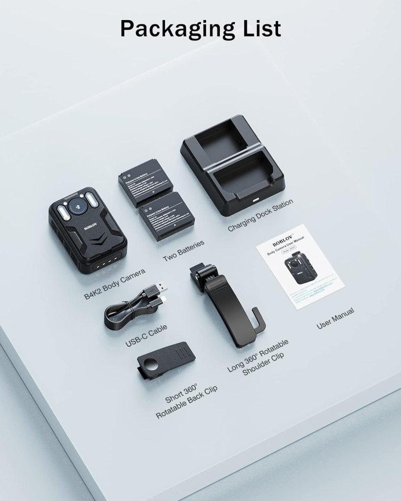 BOBLOV B4K2 128/256GB 4K Body Worn Camera with GPS, Two 3000mAh Batteries for 12hours Record Total, 4K Camcorders Video Camera with Charging Dock