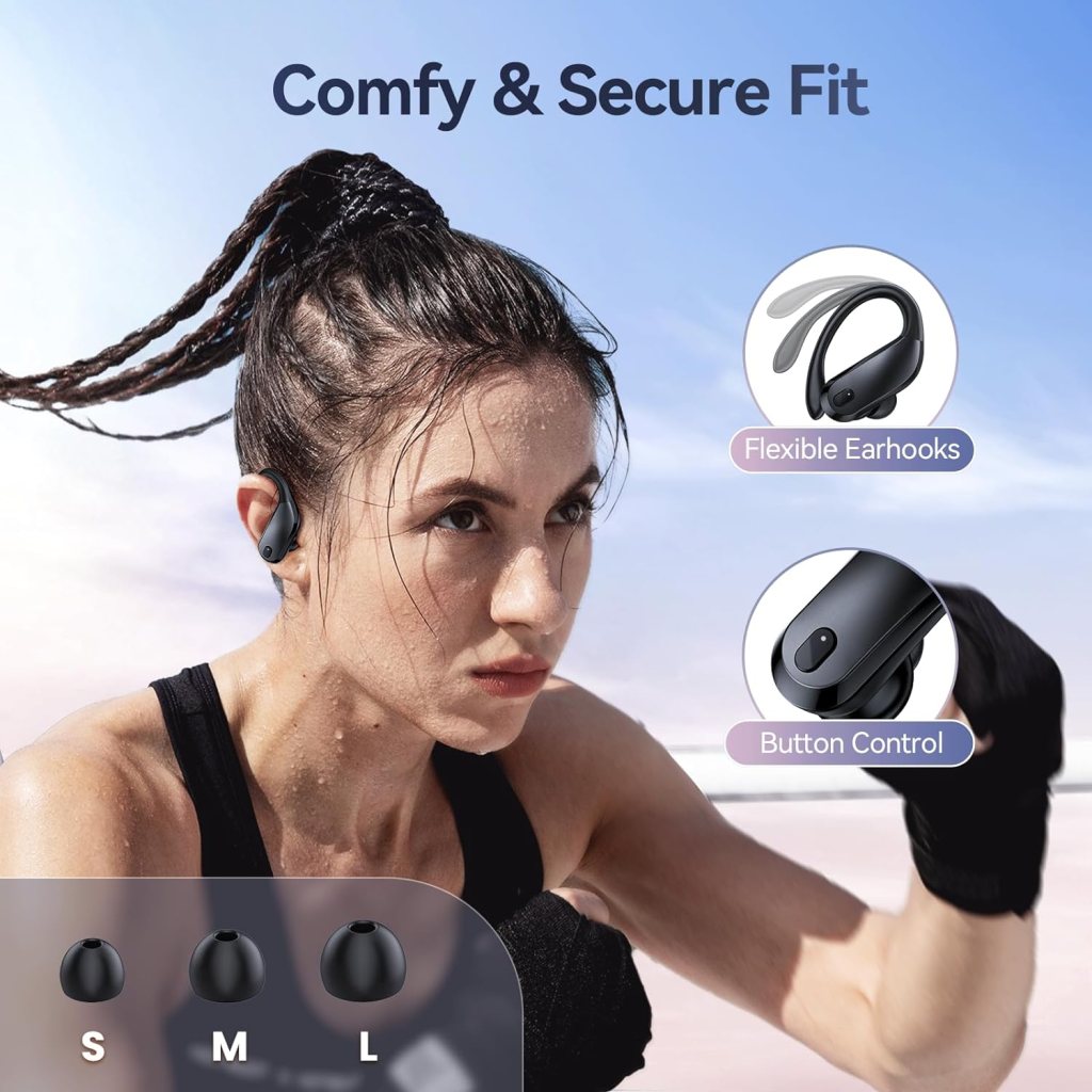 GNMN Bluetooth Headphones Wireless Earbuds Over Ear Buds 90H Playback IPX7 Waterproof Sports Earphones Deep Bass with Wireless Charging Case  Dual LED Power Display Earhooks Headset for Running Black