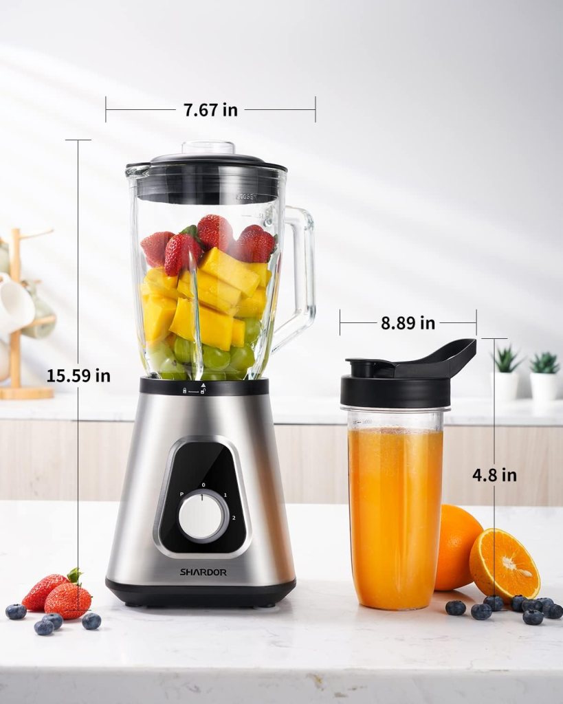 SHARDOR 1200W Blender for Shakes and Smoothies, Countertop Blender and Personal Blender Combo, 52oz Glass Jar, 22oz Travel Cup, 3 Adjustable Speed for Frozen Fruit Drinks, Smoothies, Sauces, Silver