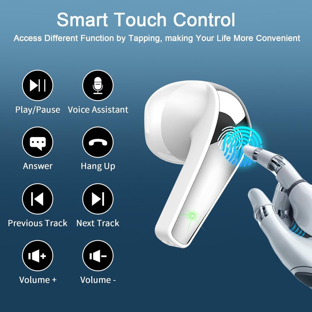 Wireless Earbud Bluetooth 5.3 Headphones 50H Playtime Stereo Bass Ear Buds, in-Ear Earphones with 4 ENC Mic LED Display Noise Cancelling Earbud, Bluetooth Earbud IP7 Waterproof Sport for Android iOS