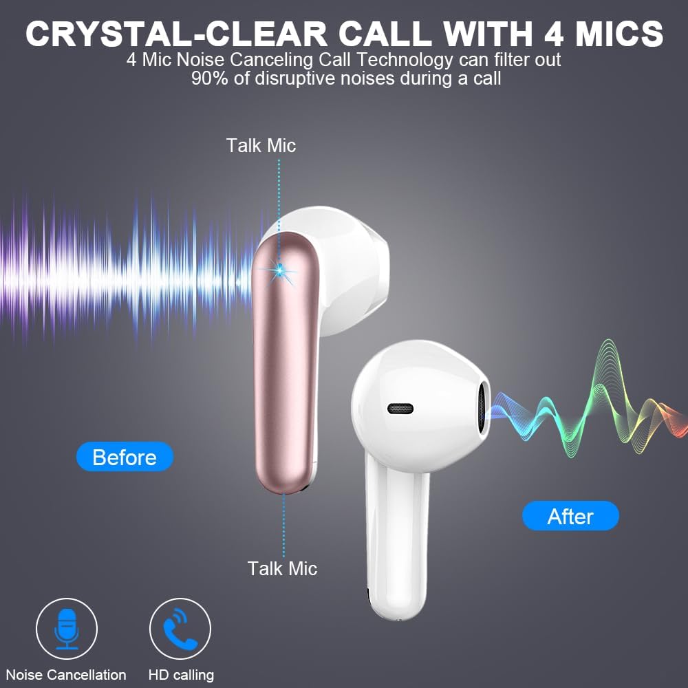 Wireless Earbud Bluetooth 5.3 Headphones 50H Playtime Stereo Bass Ear Buds, in-Ear Earphones with 4 ENC Mic LED Display Noise Cancelling Earbud, Bluetooth Earbud IP7 Waterproof Sport for Android iOS