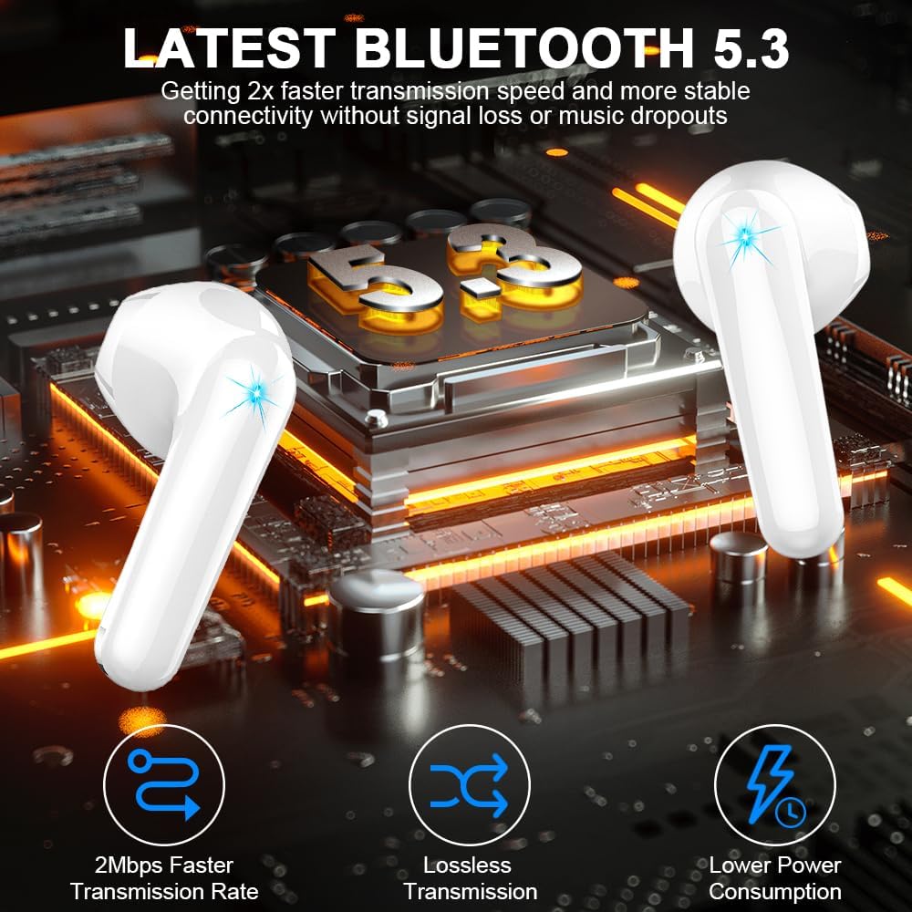 Wireless Earbud Bluetooth 5.3 Headphones 50H Playtime Stereo Bass Ear Buds, in-Ear Earphones with 4 ENC Mic LED Display Noise Cancelling Earbud, Bluetooth Earbud IP7 Waterproof Sport for Android iOS