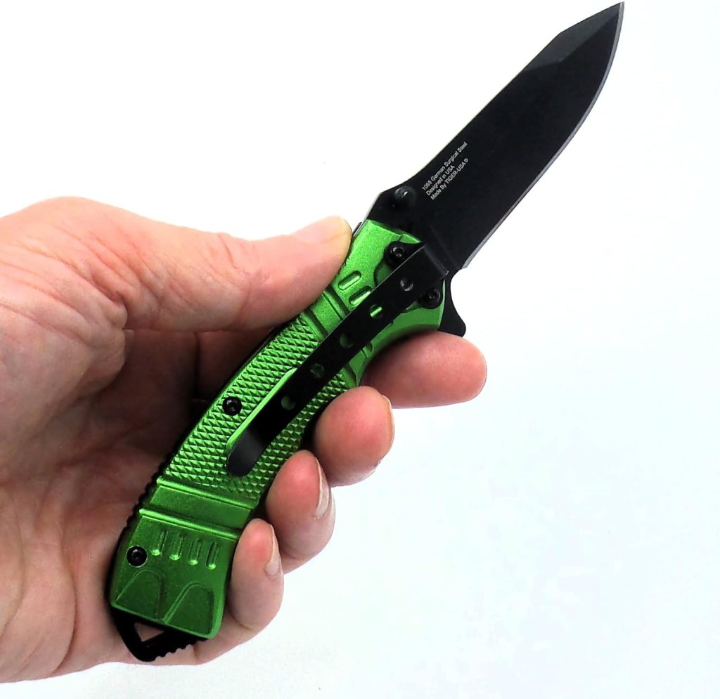 8 Inch Spring Assisted Foldable EDC Pocket Knife, w/Belt Clip German Surgical Steal DP Blade Everyday-Hunting-Fishing-Rescue-Tactical (Black)
