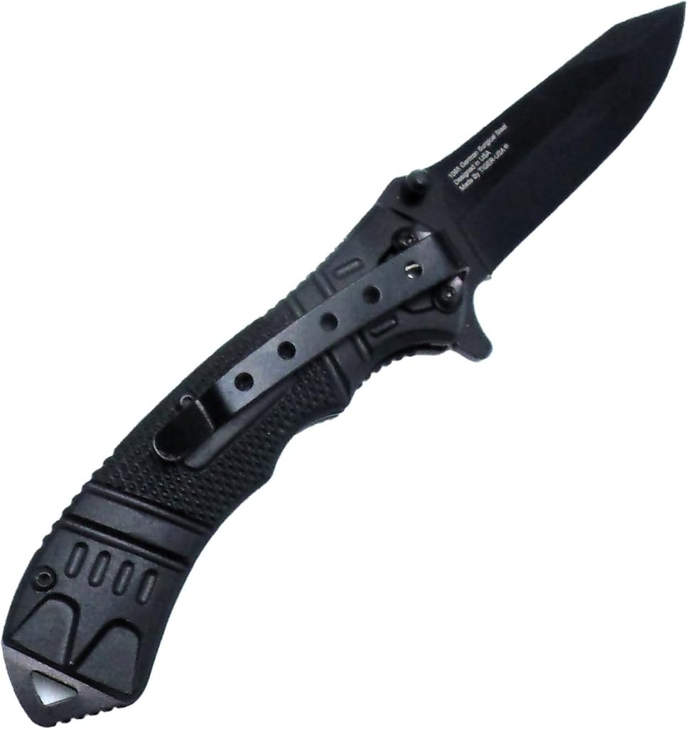 8 Inch Spring Assisted Foldable EDC Pocket Knife, w/Belt Clip German Surgical Steal DP Blade Everyday-Hunting-Fishing-Rescue-Tactical (Black)