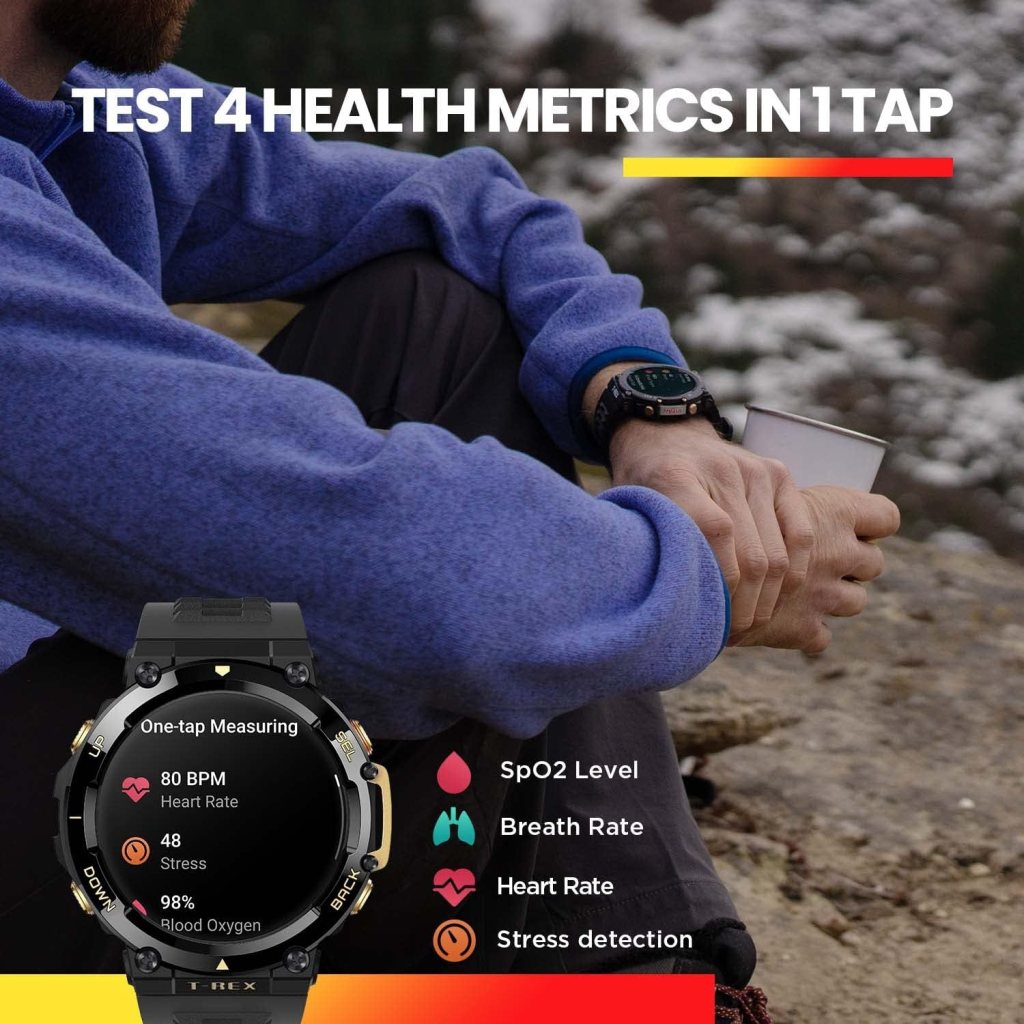 Amazfit T-Rex 2 Rugged Smart Watch, Military Certified, GPS, 24-Day Battery Life, Heart Rate, VO2, SPO2 Monitoring, Pacer, Altitude, 10 ATM Water-Resistant, Sleep Monitoring (Khaki)