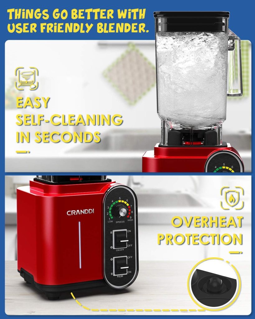 CRANDDI Professional Countertop Blender for kitchen,1800W, 9 Speeds, 52oz Jar for Shakes and Smoothies,High-Speed Commercial blender Easy to Clean, K98C-R
