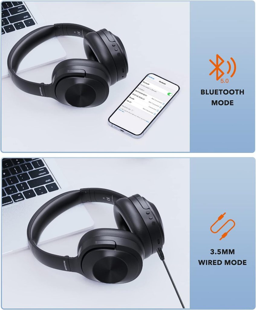INFURTURE Q1 Active Noise Cancelling Headphones with Microphone，Wireless Over Ear Bluetooth Headphones, Deep Bass, Memory Foam Ear Cups, Quick Charge 40H Playtime, for TV, Travel