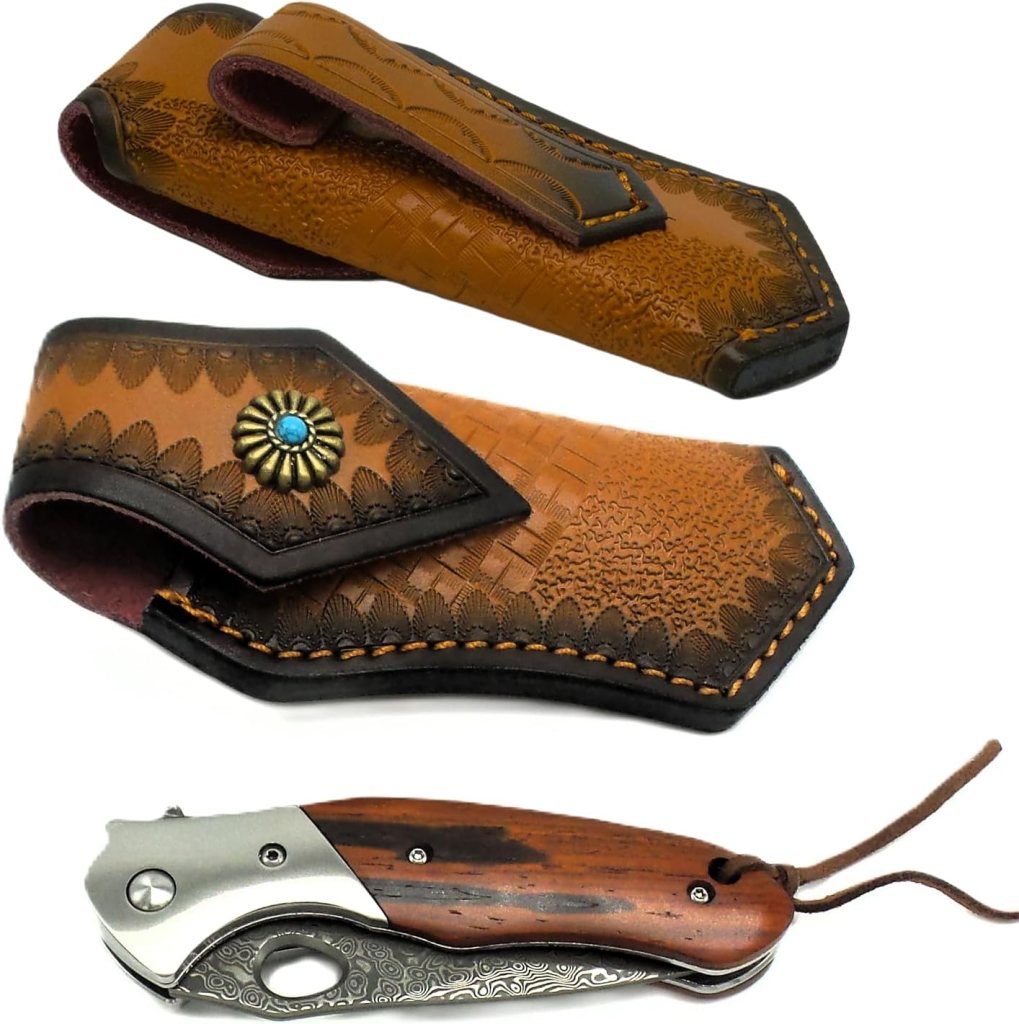 Pocket Knife for Men, VG10 Core Damascus Steel Folding Knife with Red Sandalwood Handle, Ball Bearing, Thumb Hole Flipper, Liner Lock, Leather Sheath for EDC Outdoor Survival Hunting Camping Collectable