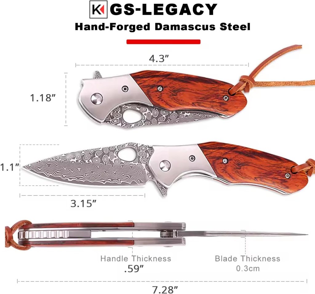 Pocket Knife for Men, VG10 Core Damascus Steel Folding Knife with Red Sandalwood Handle, Ball Bearing, Thumb Hole Flipper, Liner Lock, Leather Sheath for EDC Outdoor Survival Hunting Camping Collectable