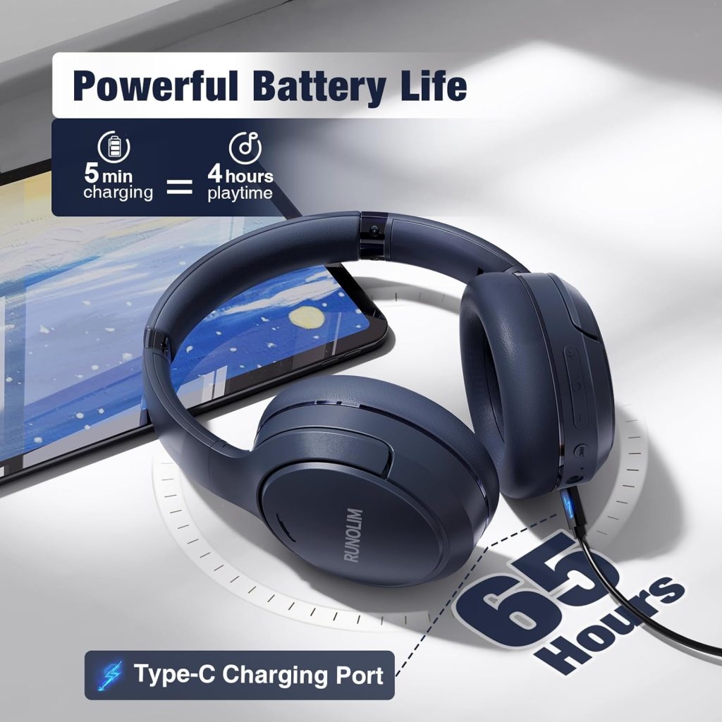 RUNOLIM Hybrid Active Noise Cancelling Headphones, 70H Playtime, Built-in Microphone, Bluetooth Wireless Over Ear Foldable Headphones with HiFi Audio, Home Travel Office