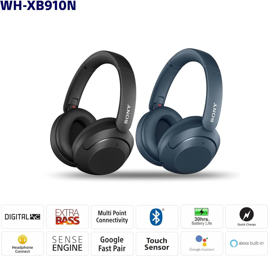 Sony WH-XB910N EXTRA BASS Noise Cancelling Headphones, Wireless Bluetooth Over the Ear Headset with Microphone and Alexa Voice Control, Black