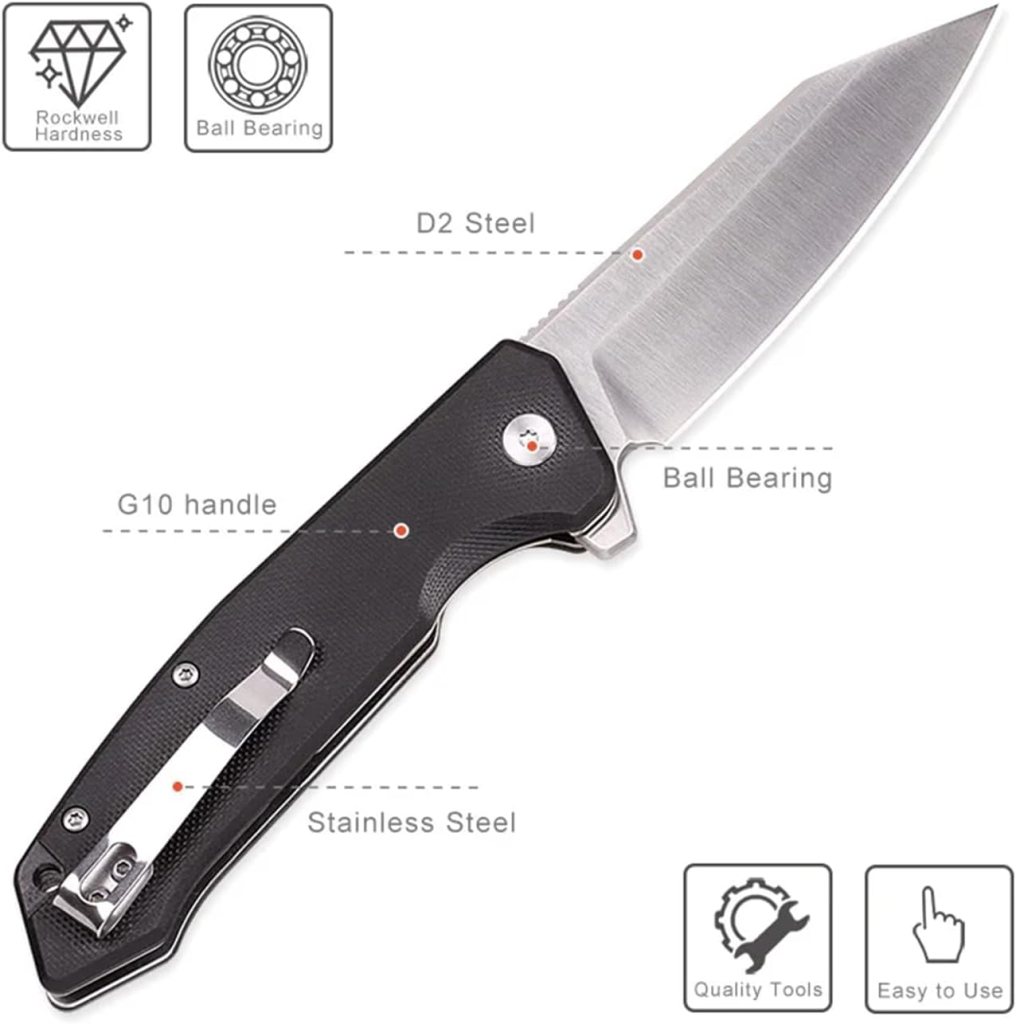 Tactical Folding Pocket Knife 3.5 D2 Drop Blade G10 Handle W/Clip for Men Woman Outdoor EDC Fathers Day Gift