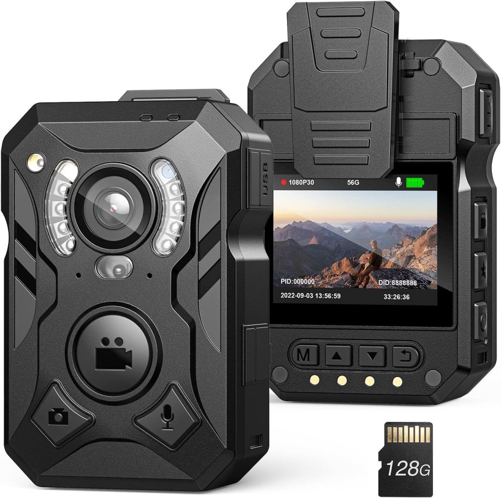 WD4 1296P Body Camera, 128G Body Worn Cam Built-in 3600mAh Battery, One Click Body Wearable Cam with 13 Hours Recording, Body Mounted Cameras Clear Night Vision for Outdoor/Sport/Car