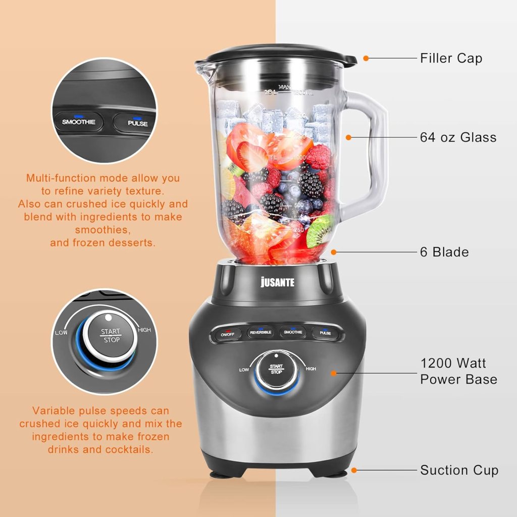 Blender, Countertop Blender for Smoothies with 64 oz Glass Jar Kitchen, 1200 Watts High Speed Juicer Blender Ice Crusher for Shakes Frozen Drinks (Black) Blender, Countertop Blender for Smoothies with 64 oz Glass Jar Kitchen, 1200 Watts High Speed Juicer Blender Ice Crusher for Shakes Frozen Drinks (Black)