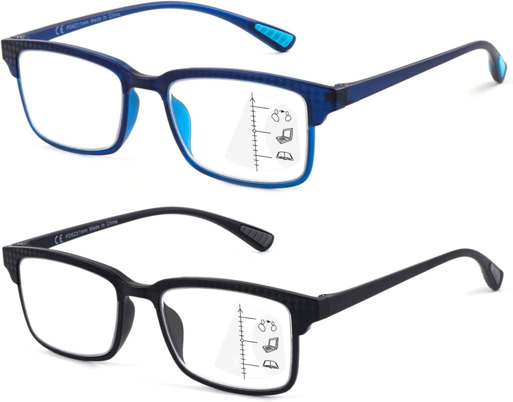 CARA 2 Pack Progressive Multifocus Reading Glasses, Flexible Lightweight TR90 Frame Blue Light Blocking Computer Readers, Workspace for Near Range (C1, 2.50)