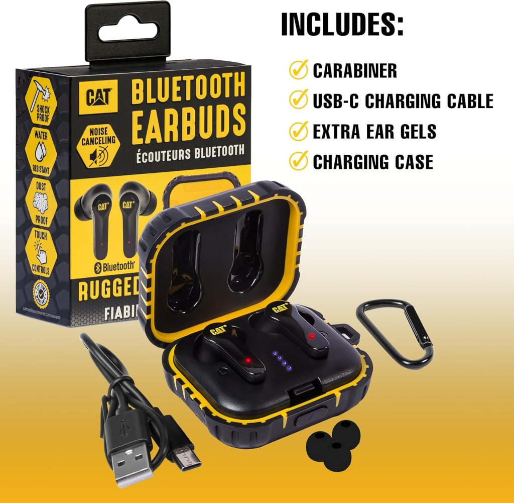 CAT BLUETOOTH NOISE CANCELING EAR BUDS- Rugged Wireless Earbuds for Tough Jobs - Dust Proof, Shock Proof, Water Resistant Earbuds for Working Out - Bluetooth Headphones Compatible with Apple, Android