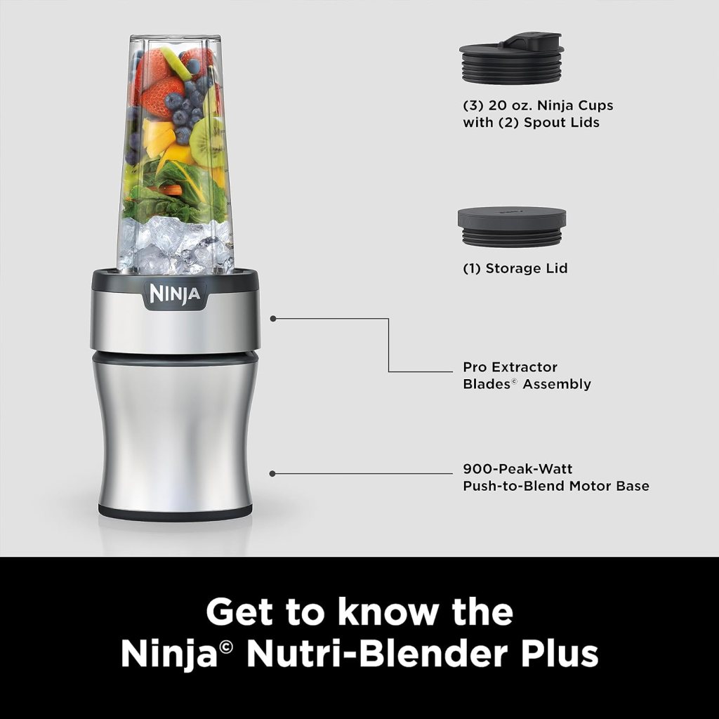 Ninja BN401 Nutri Pro Compact Personal Blender, Auto-iQ Technology, 1000-Peak-Watts, for Frozen Drinks, Smoothies, Sauces  More, with (2) 24-oz. To-Go Cups  Spout Lids, Cloud Silver