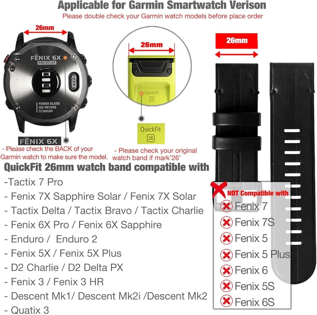 Abanen for Garmin Fenix 7X / Fenix 6X / Fenix 5X Watch Band, Quick Easy Fit 26mm Soft Genuine Leather Hybrid Silicone Sweatproof Wristband Strap for Fenix 5X Plus,Tactix Delta,Fenix 3,Enduro
