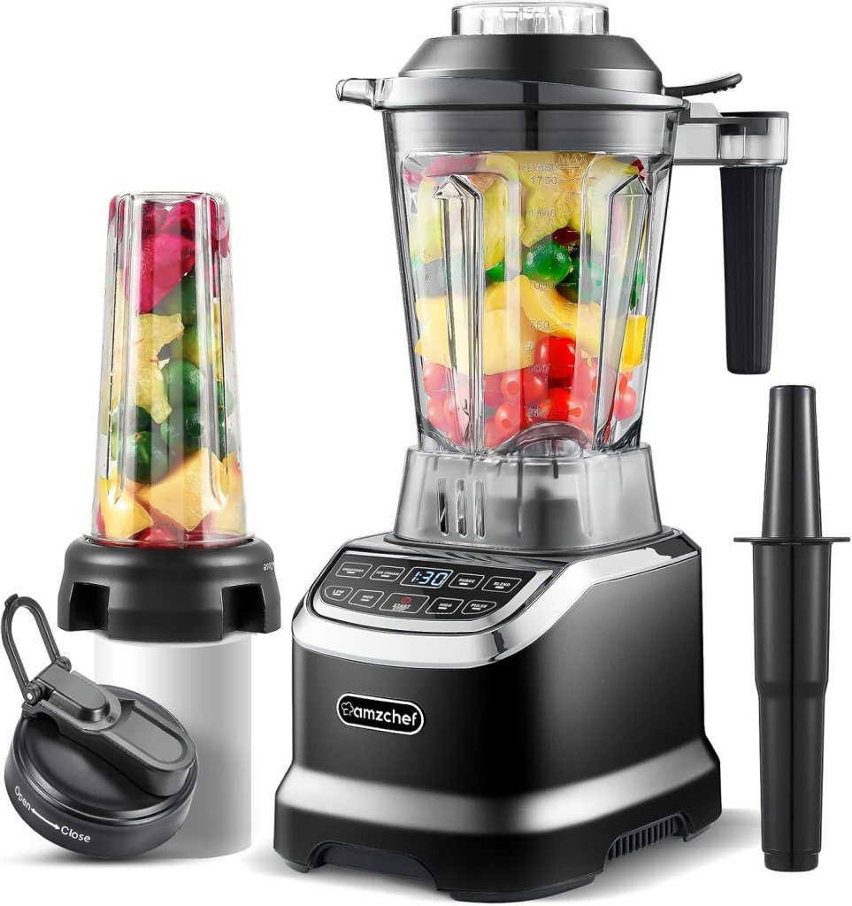Amzchef Professional Blender for Kitchen, 1800 Peak Watts, 4 Functions for Smoothies, Frozen Drinks, Ice Cream Hearty Soups with 3 Speeds Pulse, 63 oz. Pitcher, 20 oz. To-Go Cups, Black Amzchef Professional Blender for Kitchen, 1800 Peak Watts, 4 Functions for Smoothies, Frozen Drinks, Ice Cream Hearty Soups with 3 Speeds Pulse, 63 oz. Pitcher, 20 oz. To-Go Cups, Black