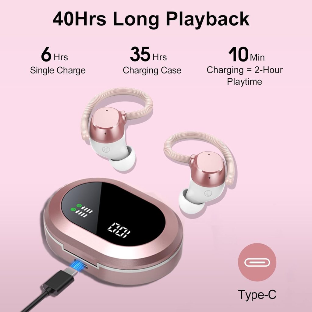 Ear buds Wireless Bluetooth Earbuds Bluetooth Headphones Sports Earphones with Earhook Deep Bass LED Display IPX7 Waterproof ENC Noise Cancellation Over-Ear 2024 NEW Headset for Exercise/Work/Study