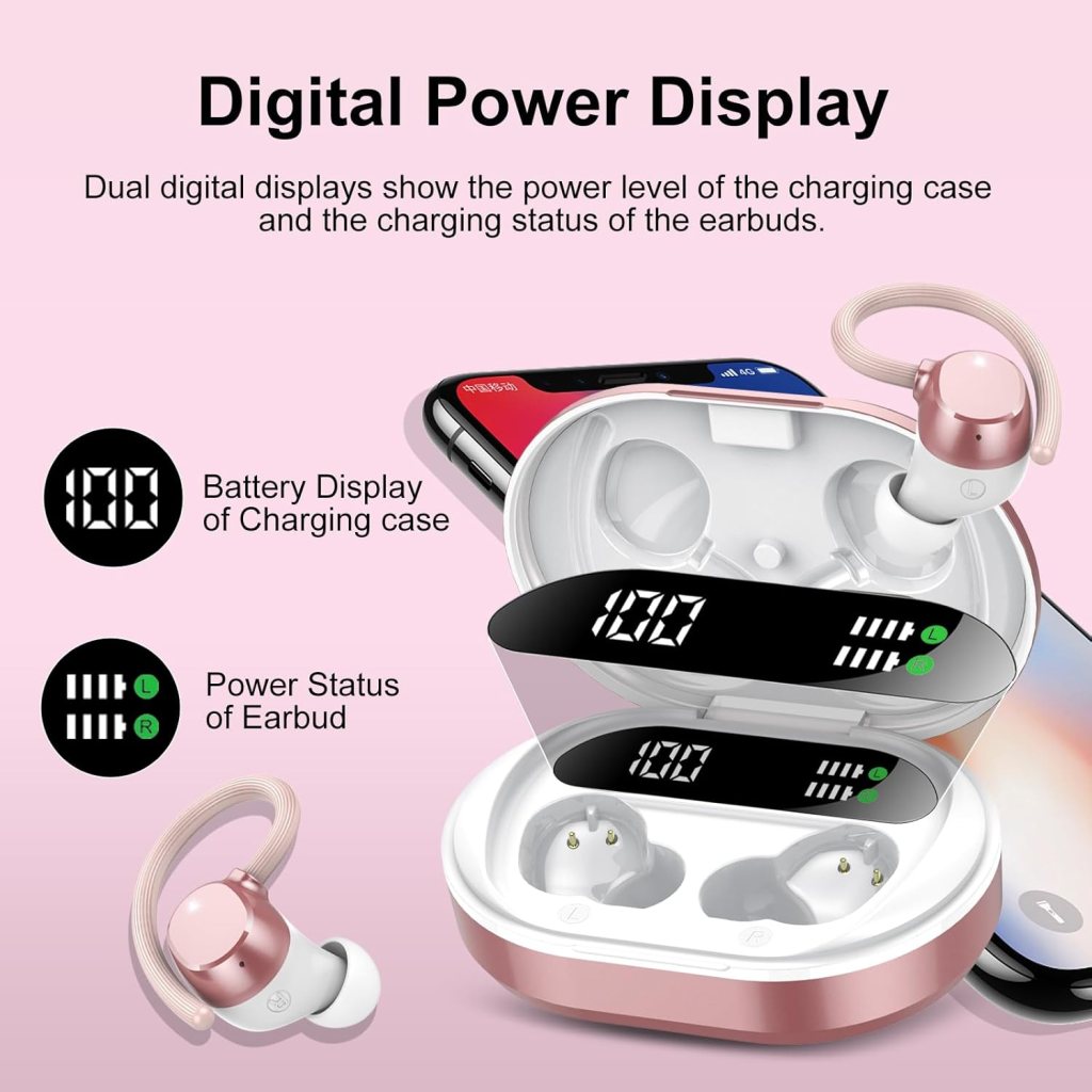 Ear buds Wireless Bluetooth Earbuds Bluetooth Headphones Sports Earphones with Earhook Deep Bass LED Display IPX7 Waterproof ENC Noise Cancellation Over-Ear 2024 NEW Headset for Exercise/Work/Study