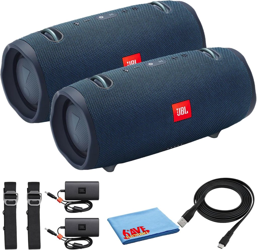 JBL Xtreme 2 Waterproof Portable Wireless Bluetooth Speaker, Powerful Sound, IPX7 Waterproof, 15 Hours Playtime, for Home, Outdoor and Travel Bundle with 2X Xtreme2 Speakers and More (Blue)