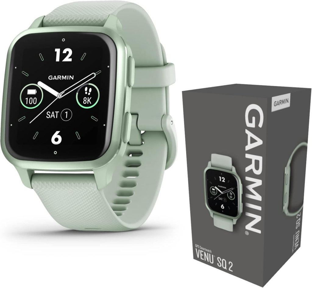 Wearable4U Garmin Venu Sq 2 GPS Smartwatch, All-Day Health Monitoring, Long-Lasting Battery Life, AMOLED Display, Cool Mint E-Bank Bundle