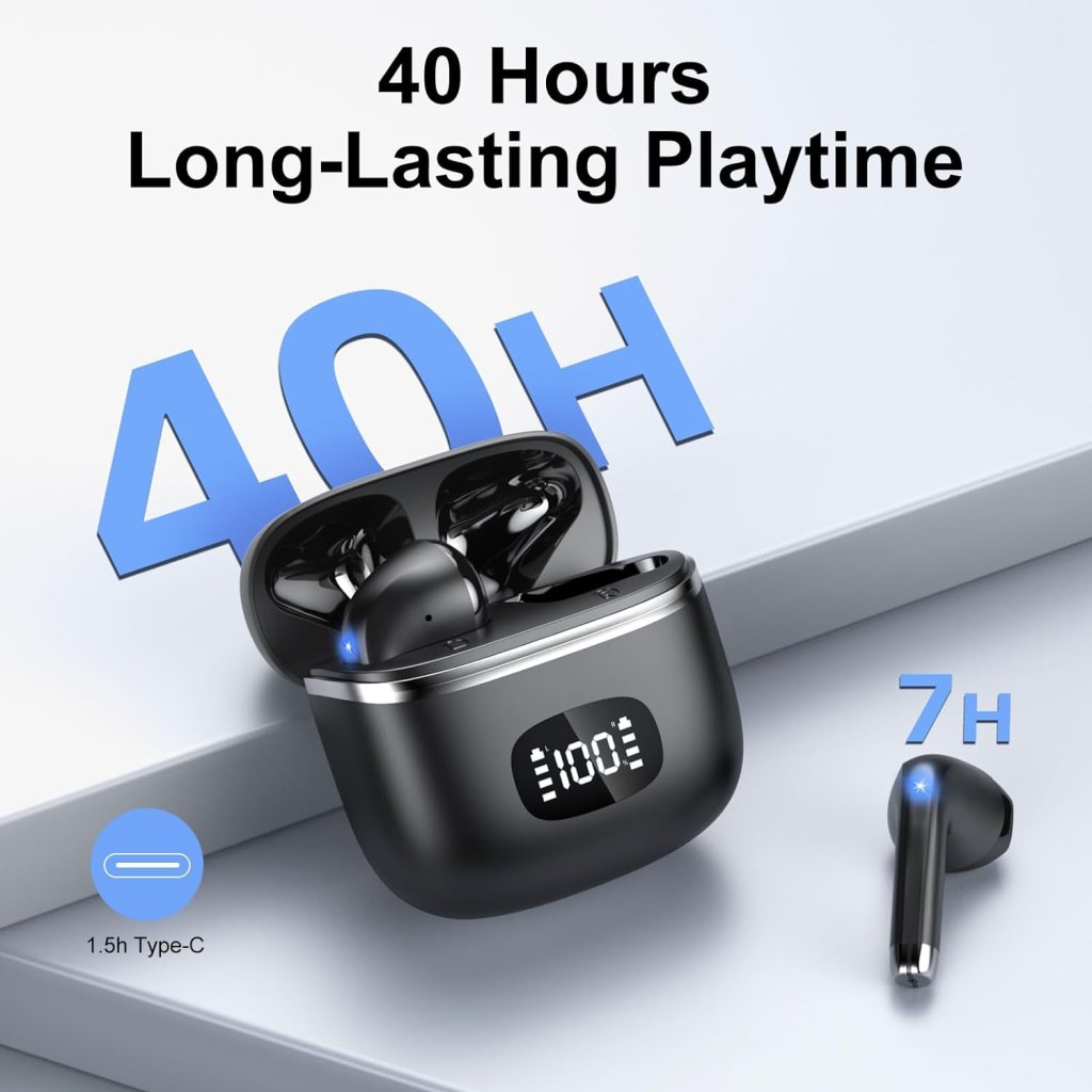Wireless Earbuds Bluetooth Headphones 5.3 Bass Stereo Earphones, 40H Playtime Ear Buds with LED Power Display, Bluetooth Earbud with Noise Cancelling Mic IPX7 Waterproof Earbuds for iOS Android