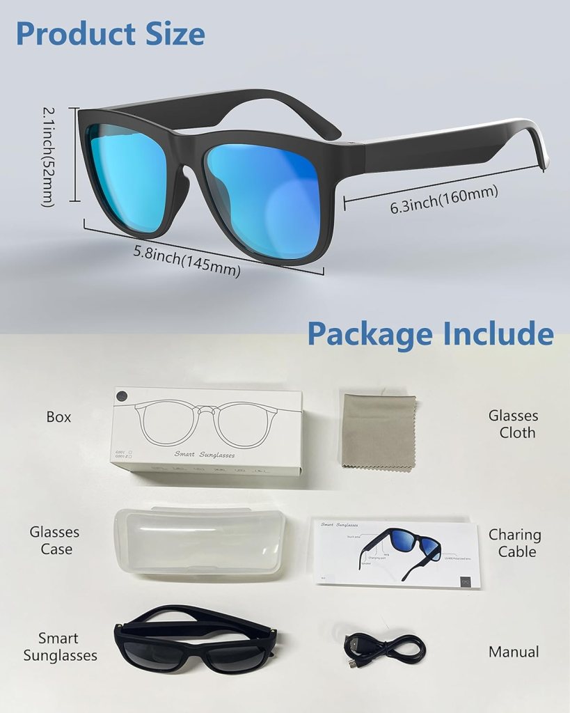 Bluetooth Sunglasses, Open Ear Style Smart Glasses, Bluetooth 5.0 Audio Glasses IPX5 Waterproof for iOS, Android etc. Bluetooth Sunglasses, Open Ear Style Smart Glasses, Bluetooth 5.0 Audio Glasses IPX5 Waterproof for iOS, Android etc.