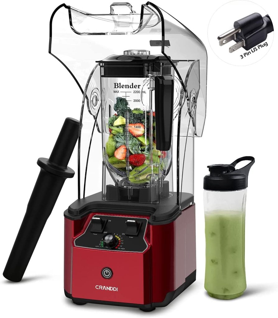 CRANDDI Quiet Commercial Blender with Soundproof Shield, 2200 Watt Professional Blenders for Kitchen with 80oz Jar and Self-Cleaning, High-Speed Blenders K90 Black
