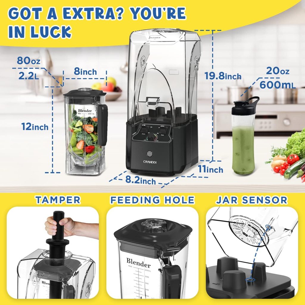 CRANDDI Quiet Commercial Blender with Soundproof Shield, 2200 Watt Professional Blenders for Kitchen with 80oz Jar and Self-Cleaning, High-Speed Blenders K90 Black